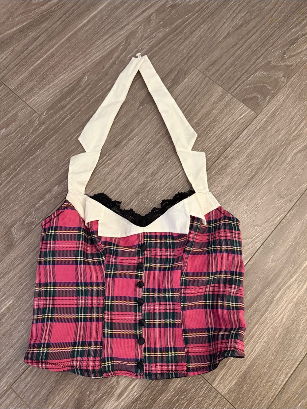 I.AM.GIA corset Pink Plaid Halter Bustier Top with Lace Trim school girl